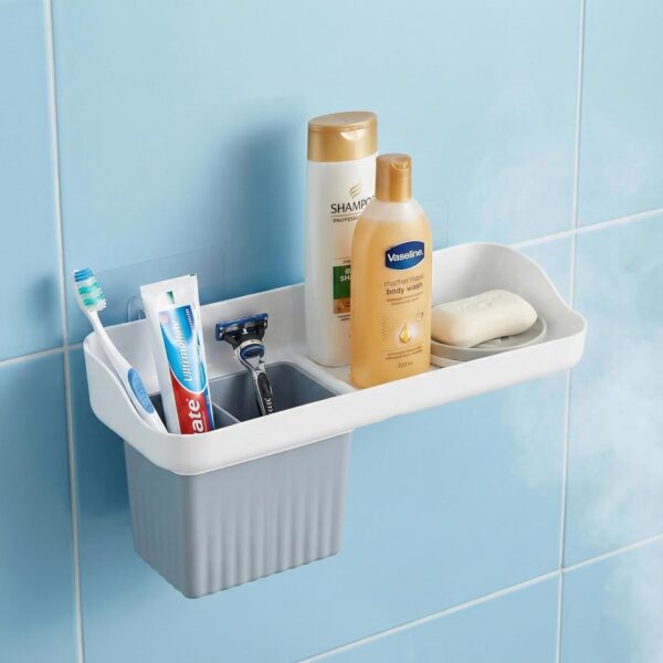 HAPPI Soap Stand for Bathroom – Self-Adhesive Wall-Mounted Soap Case with Glass Tumbler, Tooth Brush Holder & Bottle Space Shelf Tray, Soap Dish Holder for Bathroom Organizer (White/Grey)