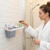 HAPPI Soap Stand for Bathroom – Self-Adhesive Wall-Mounted Soap Case with Glass Tumbler, Tooth Brush Holder & Bottle Space Shelf Tray, Soap Dish Holder for Bathroom Organizer (White/Grey)
