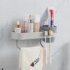 HOKIPO Wall-Mounted Bathroom Shelf with Cup Holder & Towel Rod | Stickable Bathroom Organizer | No Drill Self Adhesive Storage Rack | Magic Sticker Bathroom Accessories Set (AR-6090)