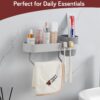 HOKIPO Wall-Mounted Bathroom Shelf with Cup Holder & Towel Rod | Stickable Bathroom Organizer | No Drill Self Adhesive Storage Rack | Magic Sticker Bathroom Accessories Set (AR-6090)