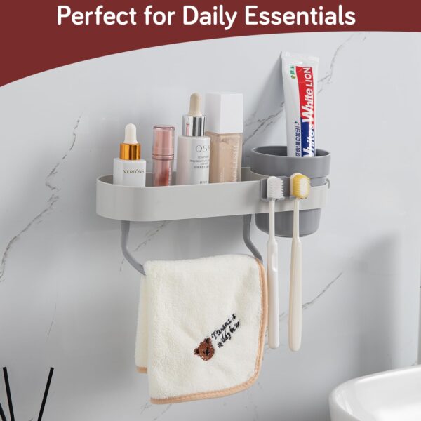 HOKIPO Wall-Mounted Bathroom Shelf with Cup Holder & Towel Rod | Stickable Bathroom Organizer | No Drill Self Adhesive Storage Rack | Magic Sticker Bathroom Accessories Set (AR-6090)