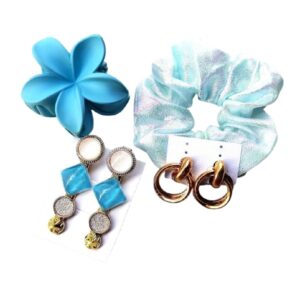 Hair Accessories Set, Blue and Iridescent, Flower Claw Clip, Scrunchie, Hair Accessories Set, Blue and Iridescent, Flower Claw Clip, Scrunchie, Drop Earrings, 4 Pieces