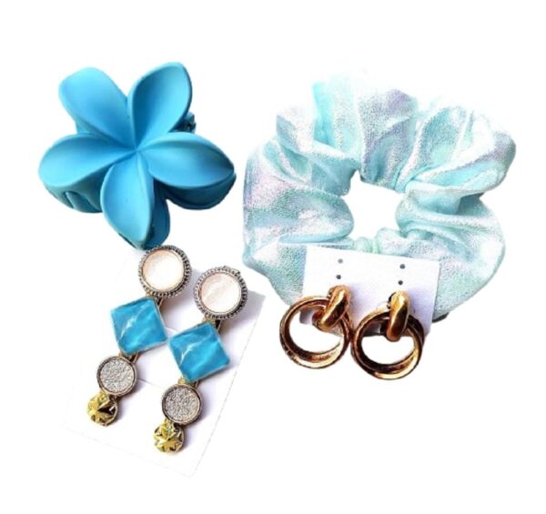 Hair Accessories Set, Blue and Iridescent, Flower Claw Clip, Scrunchie, Hair Accessories Set, Blue and Iridescent, Flower Claw Clip, Scrunchie, Drop Earrings, 4 Pieces