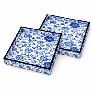 Handcrafted Blue Floral Wooden Serving Trays Set of 2 (9x9 Handcrafted Blue Floral Wooden Serving Trays Set of 2 (9x9 & 7x7 Inch) | Decorative Coffee & Snack Trays for Home, Living Room & Gifting