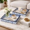 Handcrafted Blue Floral Wooden Serving Trays Set of 2 (9x9 & 7x7 Inch) | Decorative Coffee & Snack Trays for Home, Living Room & Gifting