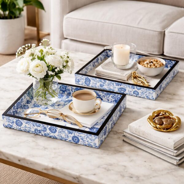 Handcrafted Blue Floral Wooden Serving Trays Set of 2 (9x9 & 7x7 Inch) | Decorative Coffee & Snack Trays for Home, Living Room & Gifting