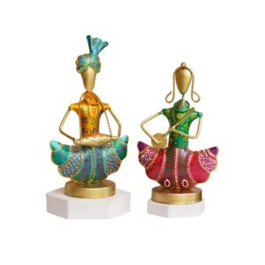 Handcrafted Indian Folk Musician Figurines Set of 2 | Hand-Painted Metal Showpiece for Home Decor | Traditional Rajasthani Art Statue | Decorative Gift Item for Living Room & Office
