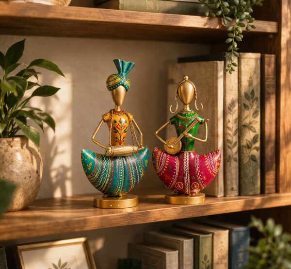 Handcrafted Indian Folk Musician Figurines Set of 2 | Hand-Painted Metal Showpiece for Home Decor | Traditional Rajasthani Art Statue | Decorative Gift Item for Living Room & Office