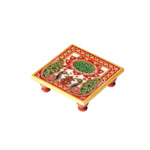 Handicrafts Paradise (4 x 4 inch) Peacock Design Painted Marble Chowki Home Mandir, Idols Statues Pratima, Bajot for God, Home Décor Showpiece