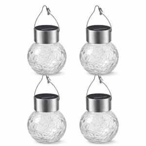 Hanging Solar Lantern Lights, Outdoor Waterproof Cracked Glass Round Ball Hanging Solar Lantern Lights, Outdoor Waterproof Cracked Glass Round Ball Lamp, Garden Globe Warm White LED Light for Landscape Walkway Backyard Yard Patio Lawn Pathway (4.7inch) (Pack Of 4)