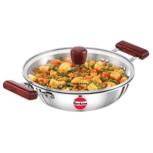 Hawkins 2.5 Litre Deep Fry Pan, Triply Stainless Steel Kadai Hawkins 2.5 Litre Deep Fry Pan, Triply Stainless Steel Kadai with Glass Lid, Flat Bottom Induction Kadhai, Silver (SSD25G)