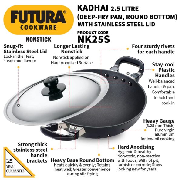 Hawkins Futura 2.5 Litre Deep Fry Pan, Non Stick Kadai with Stainless Steel Lid, Round Bottom Kadhai, Black (NK25S)