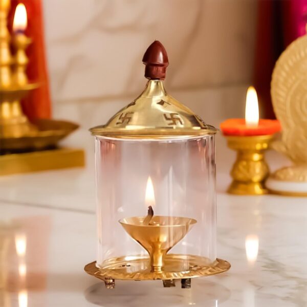 Heaven Decor Brass and Glass akhand deep Diya with Cover Heaven Decor Brass and Glass akhand deep Diya with Cover for Puja | Deepam Jyot Diya Oil Lamp | Pooja Articles and Pooja Items for Home Temple 4.8 inch