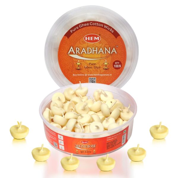 Hem Aradhna Pure Ghee Diya with Batti Pack of 100 Hem Aradhna Pure Ghee Diya with Batti Pack of 100 Diyas | Pooja Room Items for Home | Wax Free | Ghee Wicks for Prayers, Rituals & Special Occasions | Burning Time: 30 mins