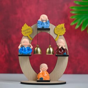 HindCraft Resin Buddha Monk Figurine Set – 4 Mini Monks on Wooden Stand with Bells | Baby Buddha for Spiritual Home or Office Decor | Ideal Gift & Décor