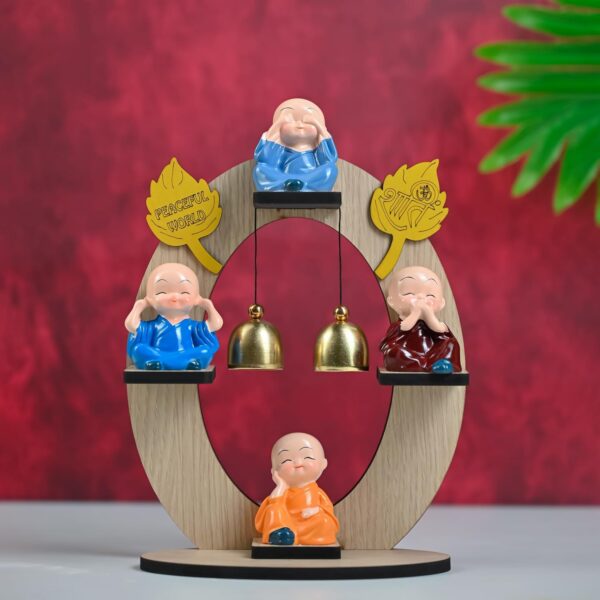 HindCraft Resin Buddha Monk Figurine Set – 4 Mini Monks on Wooden Stand with Bells | Baby Buddha for Spiritual Home or Office Decor | Ideal Gift & Décor