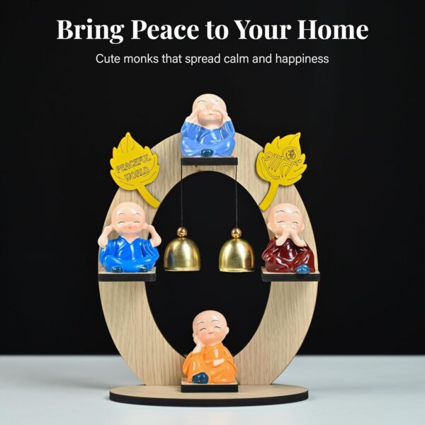 HindCraft Resin Buddha Monk Figurine Set – 4 Mini Monks on Wooden Stand with Bells | Baby Buddha for Spiritual Home or Office Decor | Ideal Gift & Décor