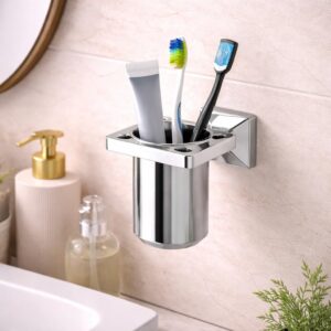 Hindware Stelo Tooth Brush Holder for Bathroom | 202-Grade Stainless Steel | Mirror Like Chrome Finish | Corrosion & Rust Resistant Toothbrush Holder | Dimension (mm): 125*112*99 | 1-year Warranty