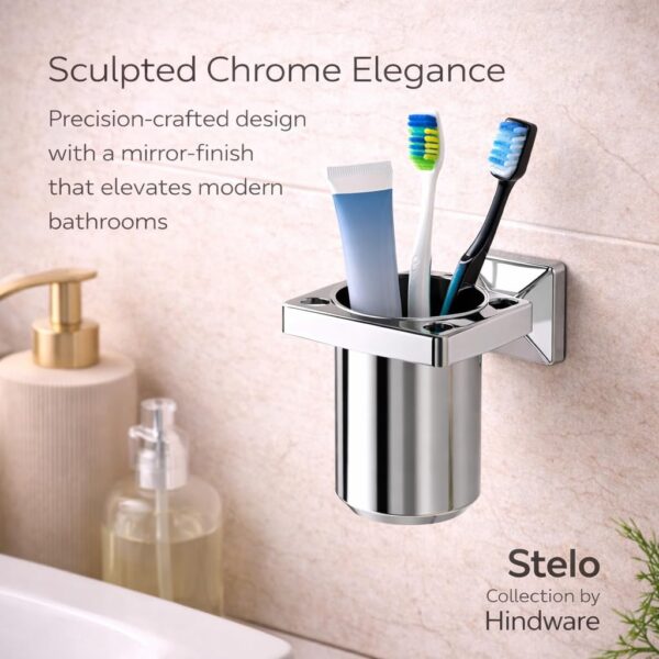 Hindware Stelo Tooth Brush Holder for Bathroom | 202-Grade Stainless Steel | Mirror Like Chrome Finish | Corrosion & Rust Resistant Toothbrush Holder | Dimension (mm): 125*112*99 | 1-year Warranty