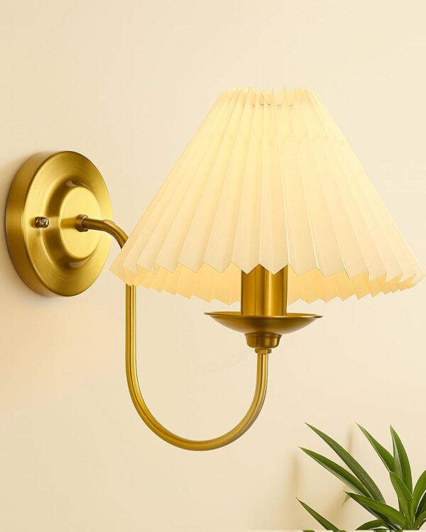 Homesake® Antique Brass Wall Sconces Lighting Fixture, E27 Industrial Vintage Homesake® Antique Brass Wall Sconces Lighting Fixture, E27 Industrial Vintage Gold Wall Light Lamp Bathroom Decor for Bedroom Living Room, Fabric Shade, Golden, (Pleated Off-White)