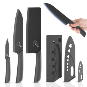 INAAM Professional Kitchen Knife Set with Cover, Set of 3PCS High Carbon Stainless Steel Knives Meat,Chef, with Non-Slip Coating,Premium Sharp Blade for Home Kitchen and Restaurant (Black)