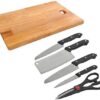 IXORACART Stainless Steel Kitchen 5-Pcs Knife Set with Wooden Chopping IXORACART Stainless Steel Kitchen 5-Pcs Knife Set with Wooden Chopping Board & Scissor – Vegetable & Meat Cutting (Set of 5 + 1 Chopper Board)