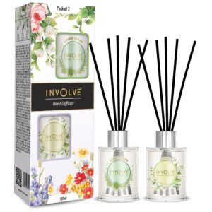 Involve Pura Reed Diffuser Set- Lemongrass & Jasmine - 120 Involve Pura Reed Diffuser Set- Lemongrass & Jasmine - 120 ml | Oil Diffuser with Free 10 Reed Sticks | Room Freshener for Home, Bedroom | Gifts Set (Pack of 2) | Gifting Items for House Warming