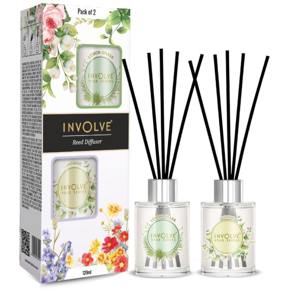 Involve Pura Reed Diffuser Set- Lemongrass & Jasmine - 120 Involve Pura Reed Diffuser Set- Lemongrass & Jasmine - 120 ml | Oil Diffuser with Free 10 Reed Sticks | Room Freshener for Home, Bedroom | Gifts Set (Pack of 2) | Gifting Items for House Warming