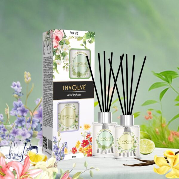 Involve-Pura-Reed-Diffuser-Set-Lemongrass-Jasmine-120-ml-Oil-Diffuser-with-Free-10-Reed-Sticks-Room-Freshener-for-Home-Bedroom-Gifts-Set-Pack-of-2-Gifting-Items-for-House-Warming.jpg Involve Pura Reed Diffuser Set- Lemongrass & Jasmine - 120 ml | Oil Diffuser with Free 10 Reed Sticks | Room Freshener for Home, Bedroom | Gifts Set (Pack of 2) | Gifting Items for House Warming