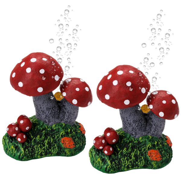 JAINSONS PET PRODUCTS Aquarium Mushroom Ornament with Air Stone, 4 Inch, Pack of 2, Red Polka Dot Resin Decoration with Moss Base for Fish Tank, Turtle Tank, Home and Garden Decor