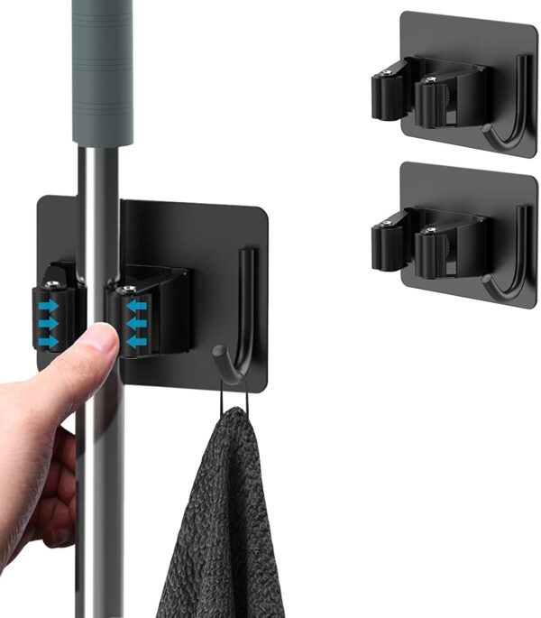 JIALTO 1 PCS Adhesive Broom Holder Wall Mounted – Stainless Steel Mop Holder for Bathroom & Kitchen, No Drill Wall Organizer for Broom Stick, Cleaning Tools Hanger