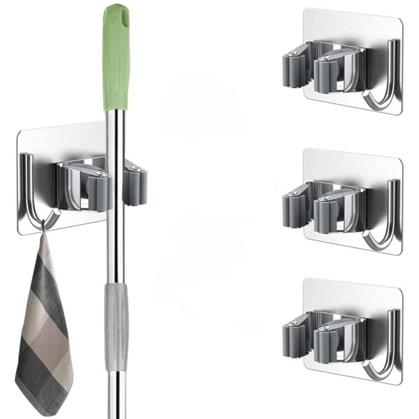 JIALTO 3 Pcs Adhesive Mop Holder and Broom Holder Wall JIALTO 3 Pcs Adhesive Mop Holder and Broom Holder Wall Mounted Stainless Steel | Heavy Duty Mop & Broom Organizer with Hooks | Adhesive Storage Rack for Kitchen, Bathroom & Garage (Silver, 3)