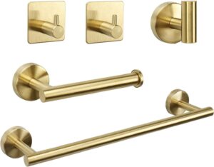 JIALTO 5-Piece Bathroom Towel Holder | Towel Rod | Toilet JIALTO 5-Piece Bathroom Towel Holder | Towel Rod | Toilet Roll Stand | Wall Mounted Bathroom Fittings Full Set – 16 Inch Hand Towel Bar | Toilet Paper Holder | Adhesive Hooks (Gold, 5 - Pieces Set)