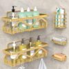 JIALTO 5 in 1 Self-Adhesive Bathroom Organizer Combo - No Drill Wall Mounted Shelf Stand with Metal Racks, Toothbrush Holder, Soap Dish & Storage Tray - Multipurpose Bathroom Accessories (Golden)