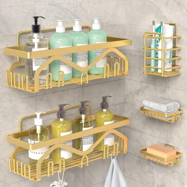 JIALTO 5 in 1 Self-Adhesive Bathroom Organizer Combo - No Drill Wall Mounted Shelf Stand with Metal Racks, Toothbrush Holder, Soap Dish & Storage Tray - Multipurpose Bathroom Accessories (Golden)