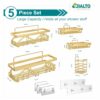 JIALTO 5 in 1 Self-Adhesive Bathroom Organizer Combo - No Drill Wall Mounted Shelf Stand with Metal Racks, Toothbrush Holder, Soap Dish & Storage Tray - Multipurpose Bathroom Accessories (Golden)