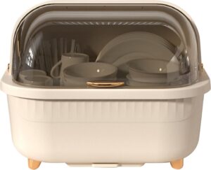 Jumix Plastic Cutlery Storage Box Dish Drying Rack with Cover Dish Drainer with Cover Dry Dish Rack Tableware Draining Holder Kitchen Plate Organizer Rack Holder Drainer, 43 x 32 x 31 Cm, Beige