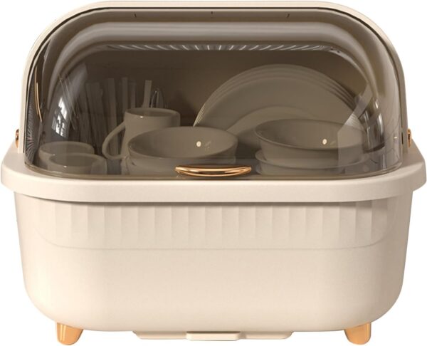 Jumix Plastic Cutlery Storage Box Dish Drying Rack with Cover Dish Drainer with Cover Dry Dish Rack Tableware Draining Holder Kitchen Plate Organizer Rack Holder Drainer, 43 x 32 x 31 Cm, Beige