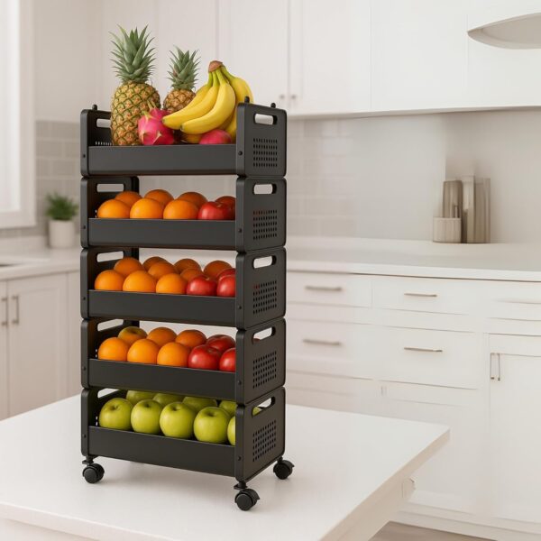 KWER 5-Tier Rolling Storage Cart with Wheels – Multi-Purpose Organizer for Kitchen, Bathroom, Kids’ Room & Office – Metal Utility Basket Rack (Black)