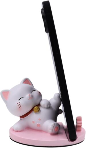 Kawaii Cat Phone Stand – Cute Desk Ornament Universal Holder for All Smartphones & Tablets – Adorable Desktop Cat Figurine for Office, Home, Gift – Non-Slip & Sturdy Base (Lying Down)
