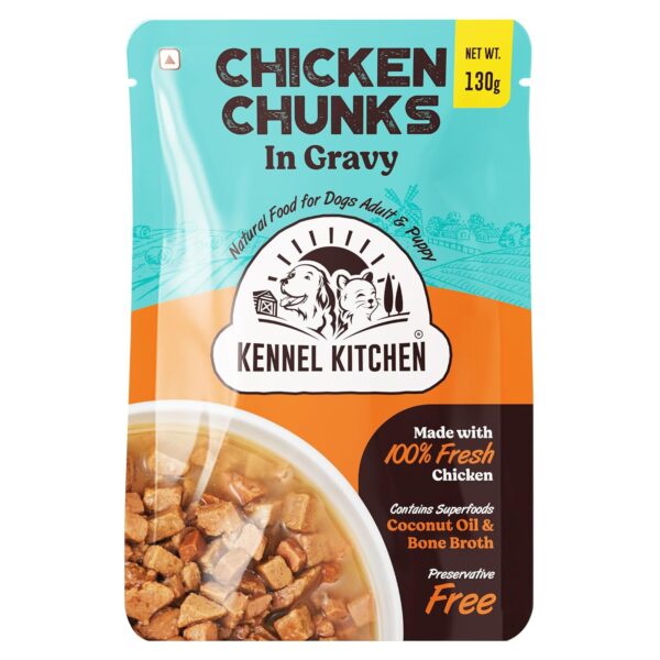 Kennel Kitchen Chicken Chunks in Gravy, 130g (Pack of 12) Kennel Kitchen Chicken Chunks in Gravy, 130g (Pack of 12) | Wet Dog Food for Adult & Puppy | Dog Food Gravy with Regionally Sourced Fresh Chicken | Free from Artificial Colours & Preservatives