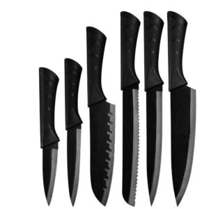 Kitchen Knife Set 6 Pieces Stainless Steel Sharp Blades with Non Stick Coating & Ergonomic Handles | Chef Knife Bread Knife Utility Paring Knife Set for Home Kitchen (Black)”
