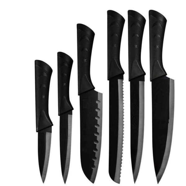 Kitchen Knife Set 6 Pieces Stainless Steel Sharp Blades with Non Stick Coating & Ergonomic Handles | Chef Knife Bread Knife Utility Paring Knife Set for Home Kitchen (Black)”
