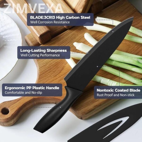Kitchen Knife Set 6 Pieces Stainless Steel Sharp Blades with Non Stick Coating & Ergonomic Handles | Chef Knife Bread Knife Utility Paring Knife Set for Home Kitchen (Black)”