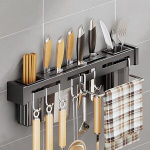 Kitchen Shelf Wall Mount Knife Holder, Towel Hanger, Spatula Ladle Hanging Hooks, Cutlery Storage Rack - Advanced Non-Rust Stainless Steel Alloy, Multi-Purpose (44x4.5x8cm)
