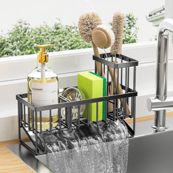 Kitchen Sink Caddy Organiser, Sink Tidy with Removable Brush Holder, Under Sink Storage Rack, Sponge & Soap Holder,Stainless Steel Cleaning Utensil Caddy for Kitchen,Black