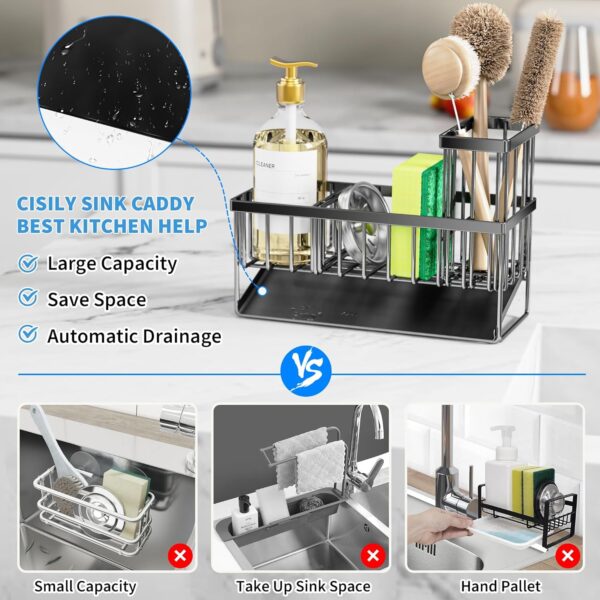 Kitchen Sink Caddy Organiser, Sink Tidy with Removable Brush Holder, Under Sink Storage Rack, Sponge & Soap Holder,Stainless Steel Cleaning Utensil Caddy for Kitchen,Black