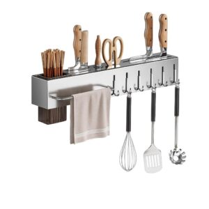 Kitchen Utensil Holder Wall Mounted, Spice Organizer Shelf, Hanging Storage Rack with Hooks, Cutlery Knife Holder for Knives Spoons Forks Chopsticks Towel (Steel Knife Towel Kitchen Holder)