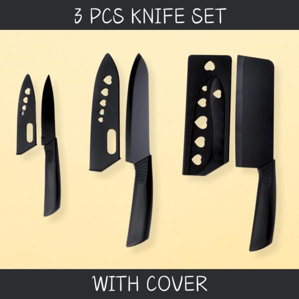 Klick n shop Stainless Steel Kitchen Knife Set – 3 Piece Chef, Utility & Paring Knives with Blade Cover | Sharp Vegetable, Fruit & Meat Cutting Knives with Ergonomic Handle (Black)