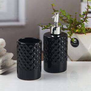 Kookee Ceramic Bathroom Set – Stylish 2 Piece Bath Accessories Kit with Soap Dispenser, Toothbrush Holder – Modern & Designer Decor for Home & Guest Bathrooms, Black (11118)